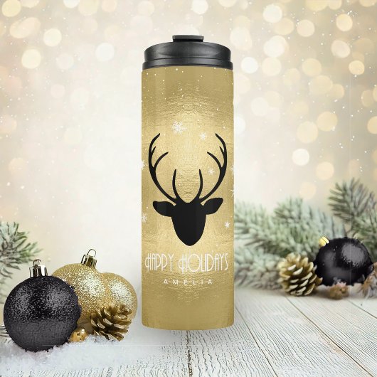 Deer Antlers Silhouette & Snowflakes Gold ID861 Thermosbecher