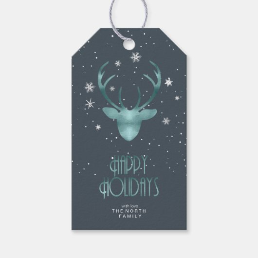 Deer Antlers & Snow Christmas Aquamarin ID861 Geschenkanhänger (Vorderseite)