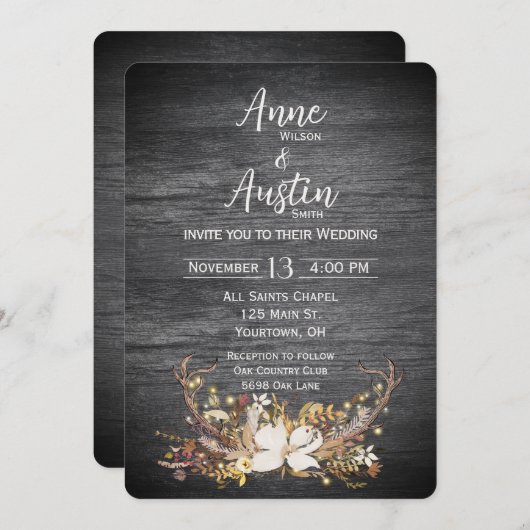 Deer Antlers Wedding Bouquet Einladung (Vorne/Hinten)