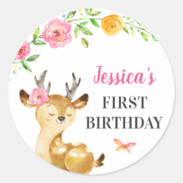 Deer Baby Girl First Birthday Doe Guest Fevor Pink Runder Aufkleber