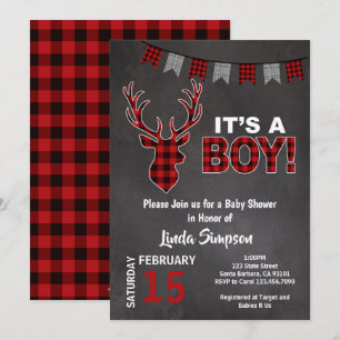 Deer Baby SHOWer Buffalo Kariert Red and Gray Einladung