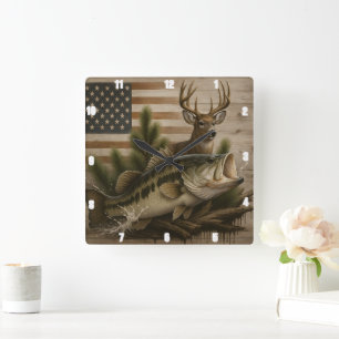 Deer Bass American Flag Quadratische Wanduhr
