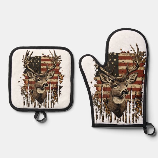 Deer, Buck Season USA Flag Ofenhandschuh & Topflappen-Set (Vorderseite)