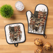 Deer, Buck Season USA Flag Ofenhandschuh & Topflappen-Set (Oben Unten)