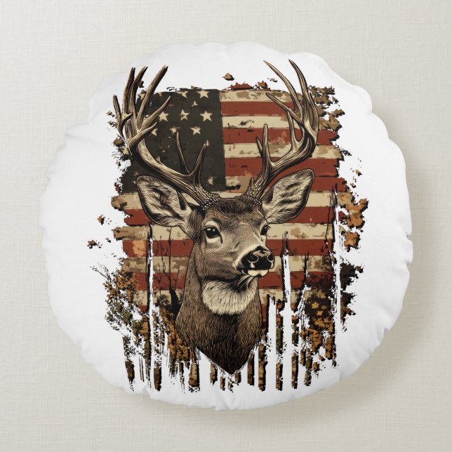 Deer, Buck Season USA Flag Rundes Kissen (Vorderseite)