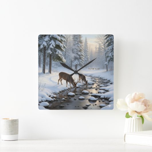 Deer drinking from a snow covered brook -  quadratische wanduhr (Zuhause)