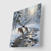 Deer drinking from a snow covered brook -  quadratische wanduhr (Winkel)