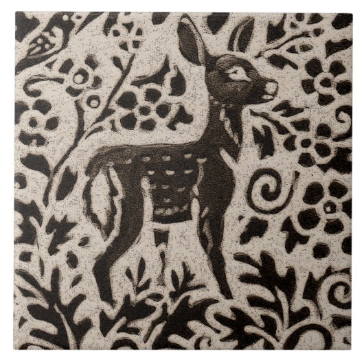 Deer Fawn Batik Stoneware Woodland Animal Tan Gray Fliese (Vorderseite)