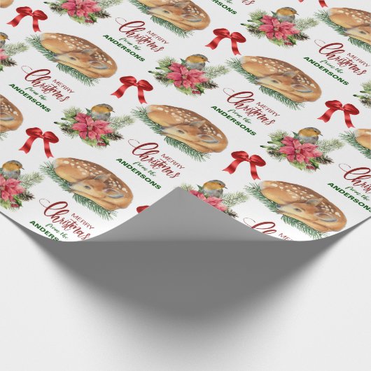 Deer Fawn Poinsettia Bird Weihnachtsfest Geschenkpapier (Ecke)