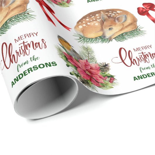 Deer Fawn Poinsettia Bird Weihnachtsfest Geschenkpapier (Rolleneckpunkt)