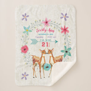 Deer Fawn Twin Baby Girl Stats Watercolor Wreath Sherpadecke