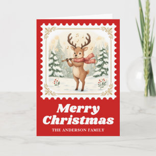 Deer Flute Retro Postage Briefmarke Weihnachtsmusi Feiertagskarte