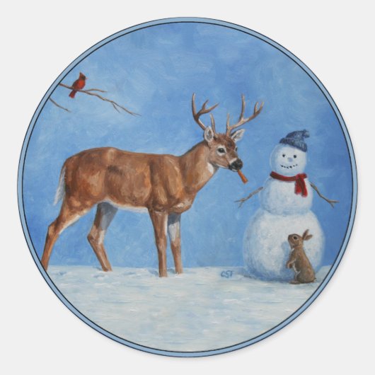 Deer & Funny Snowman Weihnachten Runder Aufkleber (Vorderseite)