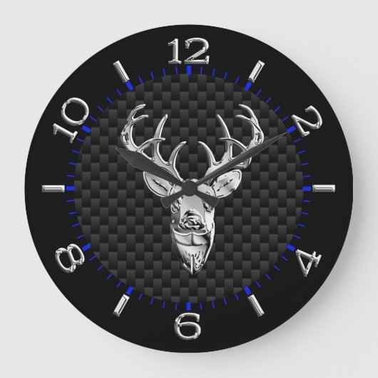 Deer Head on Carbon Fiber Style Print Große Wanduhr (Vorderseite)