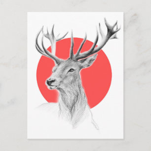 Deer head Stag drawing Red circle Animal art Postkarte