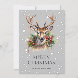 Deer Holly Stars Schneeflocken Frohe Weihnachtskar Feiertagskarte