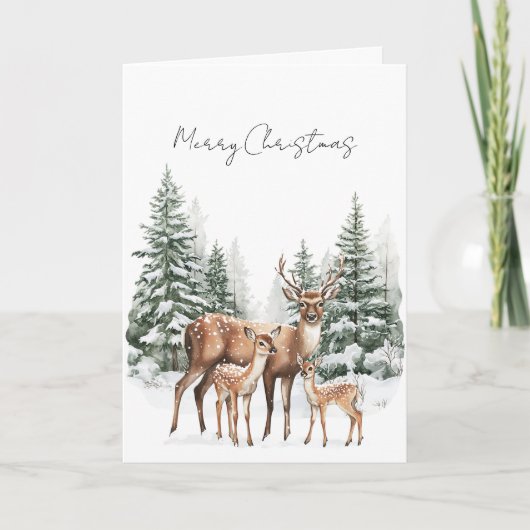 Deer in Snow Christmas Pine Trees Karte (Vorderseite)