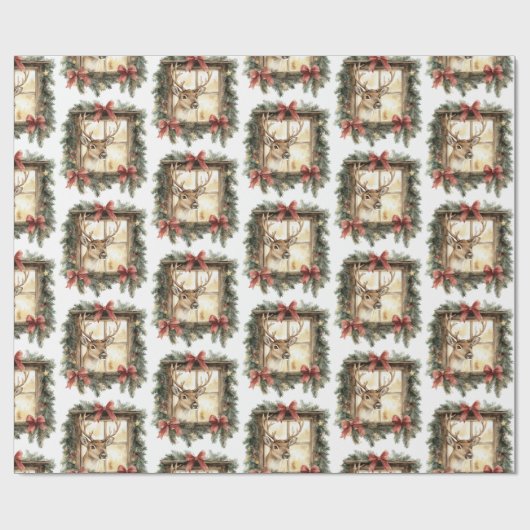 Deer in Window Red Bows Christmas Geschenkpapier (Flach)