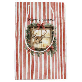 Deer in Window Red Stripes Bows Christmas Mittlere Geschenktüte