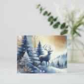 Deer in winter forest blue & gold design postcard postkarte (Stehend Vorderseite)