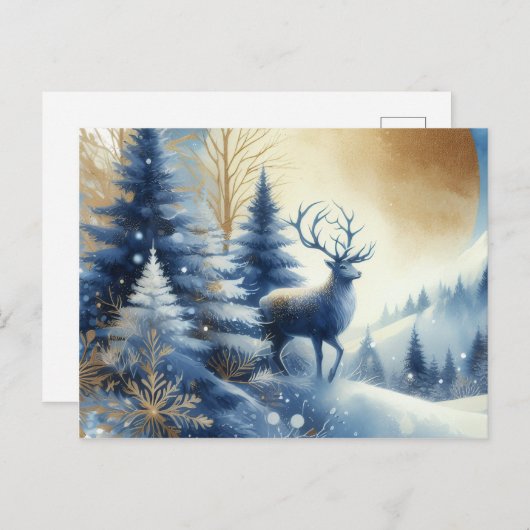 Deer in winter forest blue & gold design postcard postkarte (Vorne/Hinten)