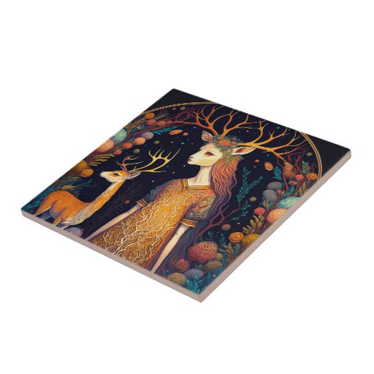 Deer Lady Fantasy Art Keramik Tile Fliese (Seite)