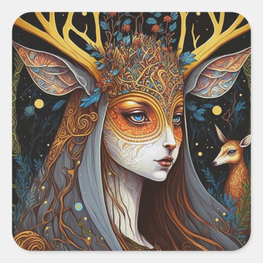 Deer Lady Fantasy Art Quadratischer Aufkleber (Vorderseite)