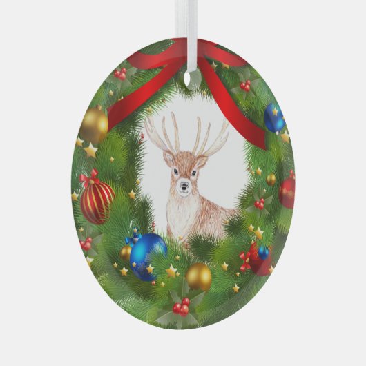 Deer looking through a Christmas Wreath Ornament Aus Glas (Vorderseite Rechts)