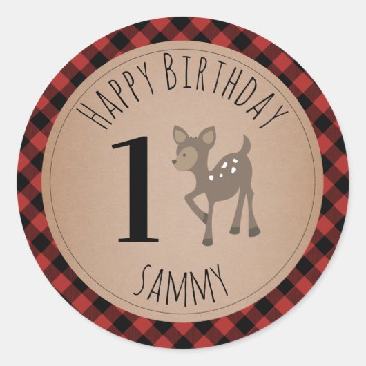 Deer Lumberjack Plaid Birthday Runder Aufkleber (Vorderseite)