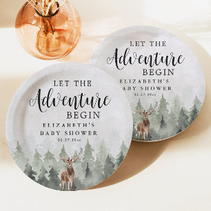 Deer Misty Pine Forest Adventure Baby Shower Pappteller