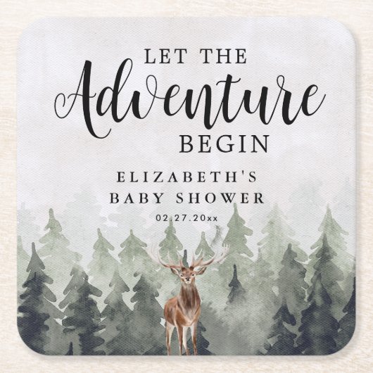 Deer Misty Pine Forest Adventure Baby Shower Rechteckiger Pappuntersetzer (Vorderseite)