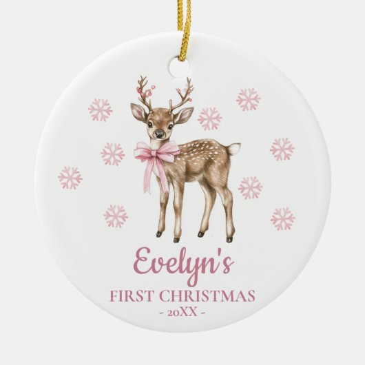 Deer Personalized Girl's First Christmas Keramik Ornament (Vorne)