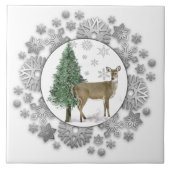 Deer Pine Tree Silberschneeflocken dekorativ Fliese (Vorderseite)
