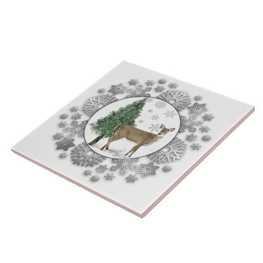 Deer Pine Tree Silberschneeflocken dekorativ Fliese (Seite)