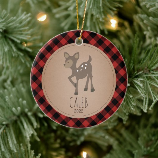 Deer Plaid Baby Cub First Christmas Keramik Ornament (Baum)