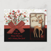 Deer Red Bow Schwarz-weiß Feiertagspostkarte (Vorderseite)