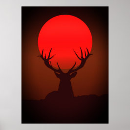 Deer Silhouette with Fiery Red Sunset Poster