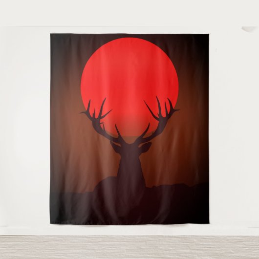Deer Silhouette with Fiery Red Sunset Wandteppich (Vorderseite)