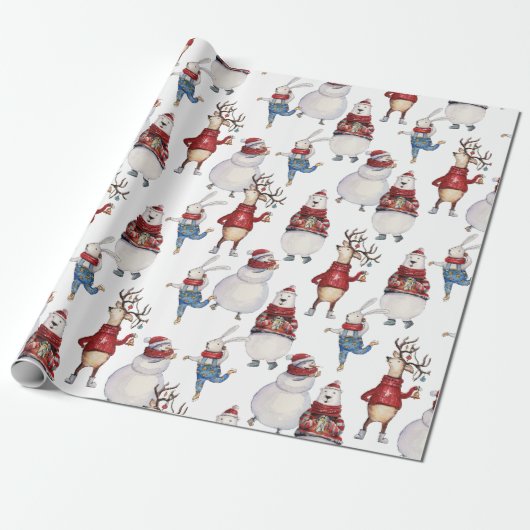 Deer Snowman Rabbit Bär Weihnachtsgeschenk Geschenkpapier (Ungerollt)