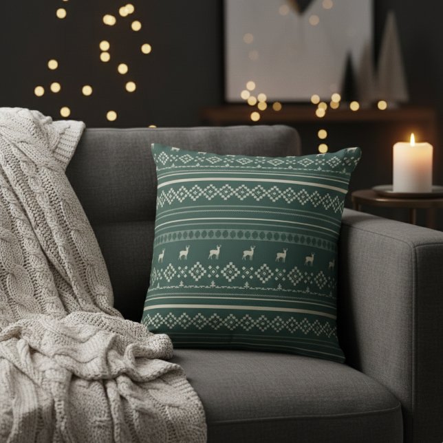 Deer Spruces and Diamonds Green Christmas Sweater  Kissen (Deer Spruces and Diamonds Green Christmas Sweater Throw Pillow)