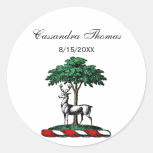 Deer Stag by Tree Heraldic Wappen Emblem Runder Aufkleber