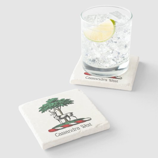 Deer Stag by Tree Heraldic Wappen Emblem Steinuntersetzer (Seitenansicht)