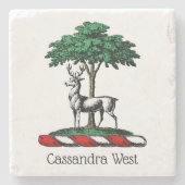 Deer Stag by Tree Heraldic Wappen Emblem Steinuntersetzer (Vorderseite)