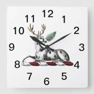 Deer Stag with Fern Heraldic Crest Emblem Quadratische Wanduhr