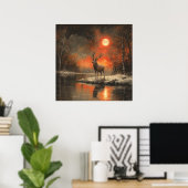 Deer Sunset River Winter Forest Poster (Heimbüro)
