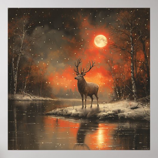 Deer Sunset River Winter Forest Poster (Vorne)
