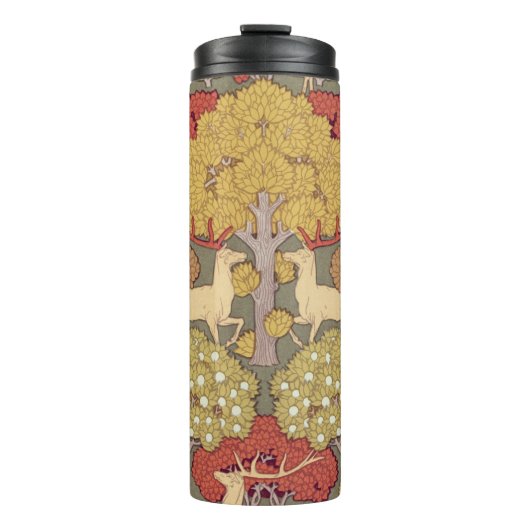 Deer &Tree Squirrel Bird Rowan Berries Art Nouveau Thermosbecher (Vorderseite)