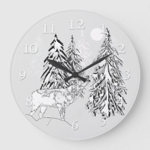 Deer , winter, forest, Christmas trees, monochrome Große Wanduhr