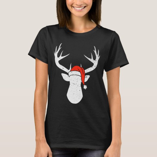 Deer With Santa Hat Christmas Pajama Hunting Gift T-Shirt (Vorderseite)