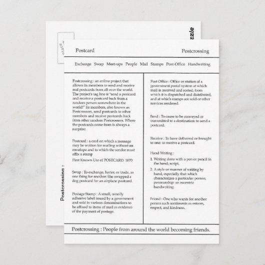 Definition des Postübergangs Postkarte, Wörterbuch Postkarte (Vorne/Hinten)